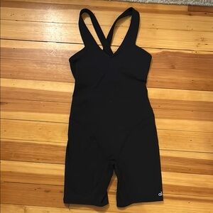ALO Black Bodysuit shorts One Piece with Cross-Back Design